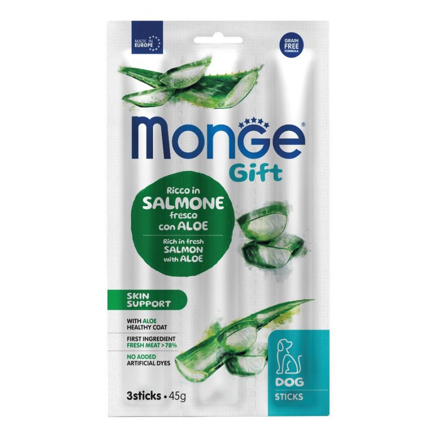 MONGE CANE SNACK GIFT SKIN SUPPORT STICKS SALMONE ALOE 3PZ 45GR