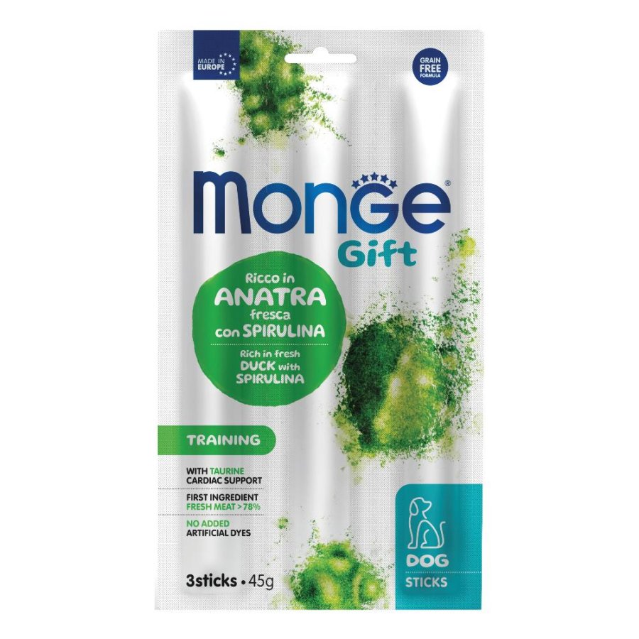 MONGE CANE SNACK GIFT TRAINING STICKS ANATRA SPIRULINA 3PZ 45GR
