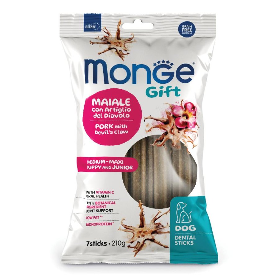 MONGE CANE SNACK GIFT MEDIUM/MAXI PUPPY/JUNIOR DENTAL STICKS MAIALE ARTIGLIO DEL DIAVOLO 210GR