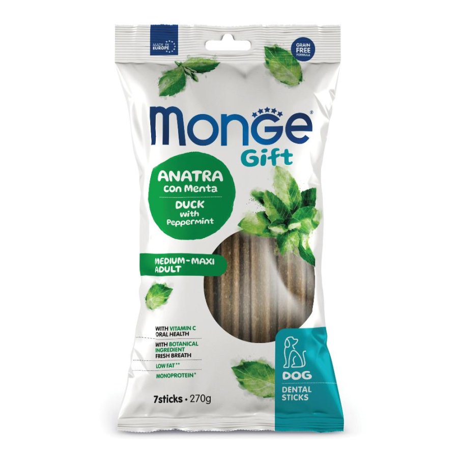 MONGE CANE SNACK GIFT MEDIUM/MAXI ADULT DENTAL STICKS ANATRA MENTA 7PZ 270GR