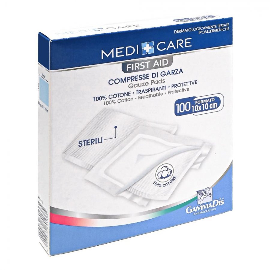 Garza Cotone 10x10cm 100 Pezzi - MedCare - Garze Sterili per Medicazioni e Cura delle Ferite