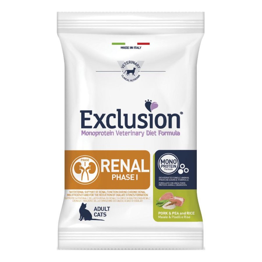 EXCLUSION GATTO DIET RENAL PHASE 1 MONOPROTEICO ADULT MAIALE PISELLI RISO 1,5KG