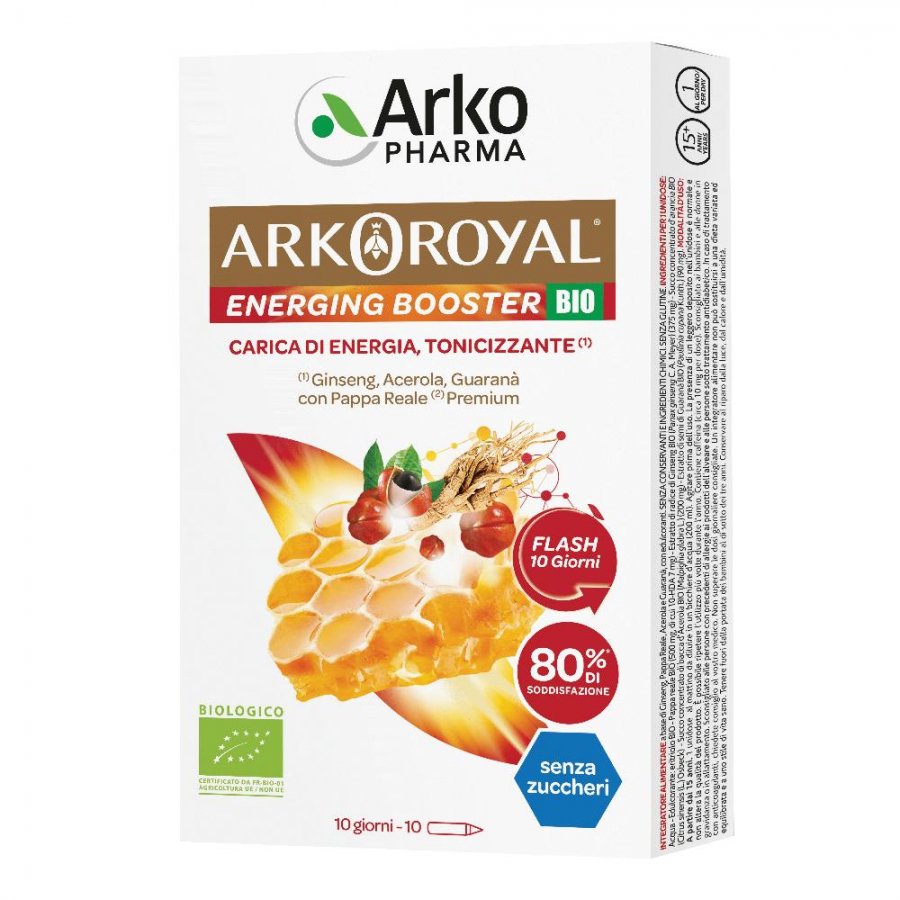 Arkoroyal Pappa Reale Premium Energing Booster Bio Senza Zuccheri 10 Flaconcini - Energia, Fatica e Immunità
