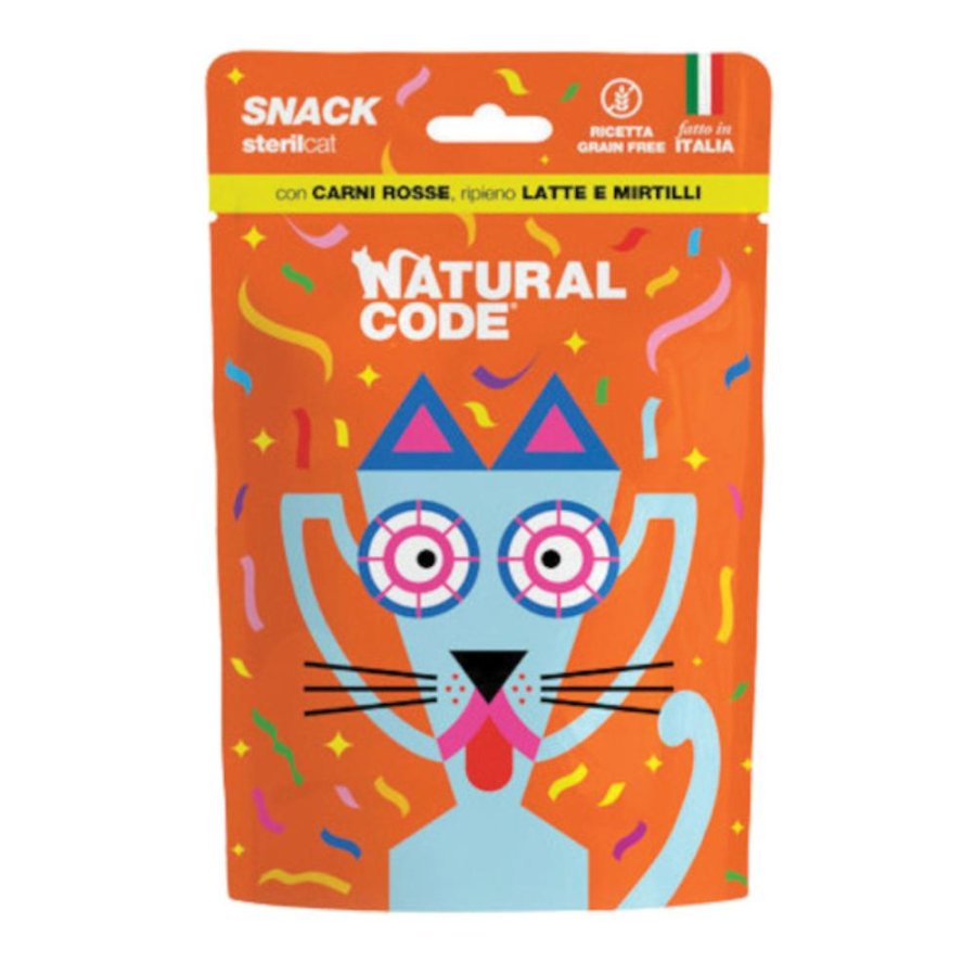 NATURAL CODE GATTO SNACK STERILCAT GRAIN FREE CARNI ROSSE LATTE MIRTILLI 60GR (bustina)