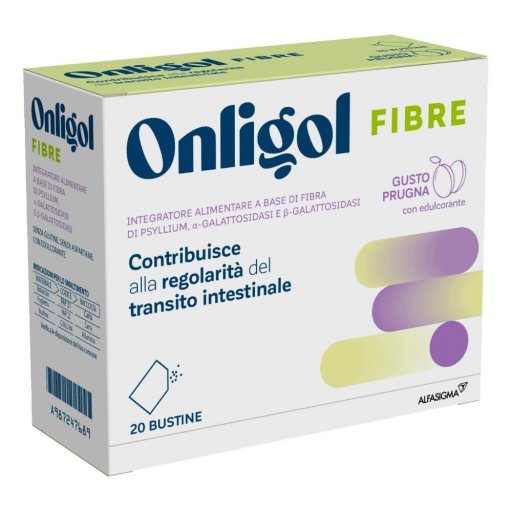 Onligol Fibre Gusto Prugna 20 Bustine - Integratore Alimentare a Base di Fibra di Psyllium, Enzimi Alfa-galattosidasi e Beta-galattosidasi