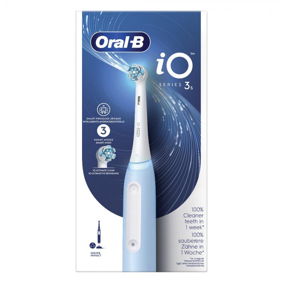 Oral-B iO 3S Spazzolino Elettrico Ricaricabile Blu – Spazzolino Elettrico con Sensore di Pressione, 3 Modalità di Pulizia, 1 Pezzo