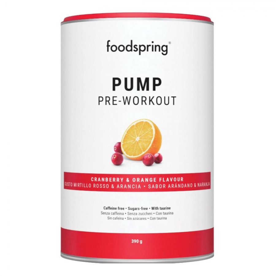 Foodspring Pump Pre Workout Mirtillo Rosso & Arancia 390g - Integratore con Aminoacidi, Taurina, Potassio e Vitamina C