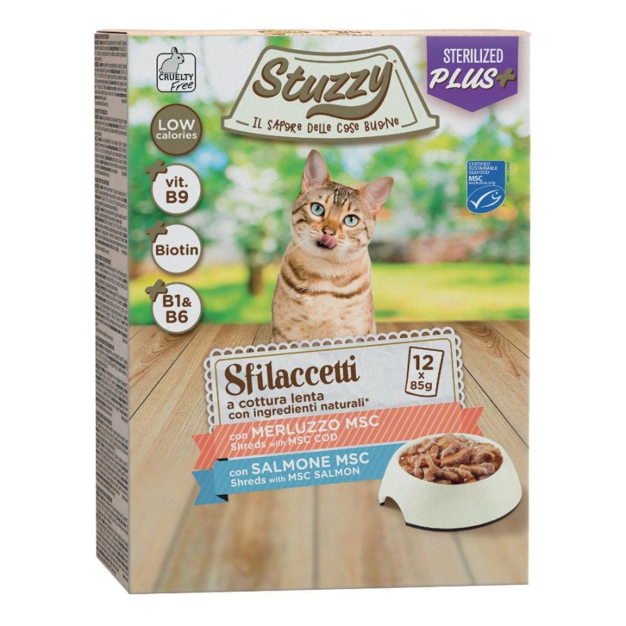 STUZZY GATTO SFILACCETTI STERILIZED MERLUZZO/SALMONE 12x85GR (bustina) MULTIPACK