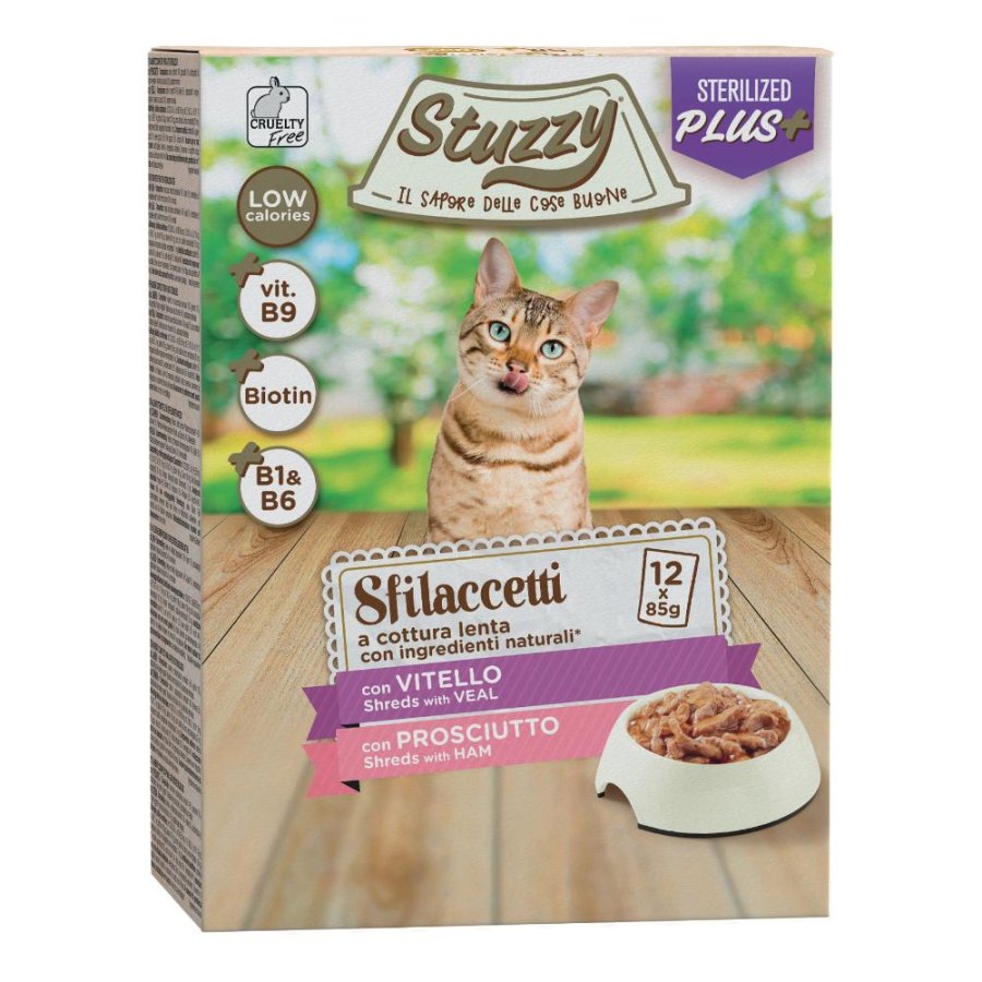 STUZZY GATTO SFILACCETTI STERILIZED VITELLO/PROSCIUTTO 12x85GR (bustina) MULTIPACK
