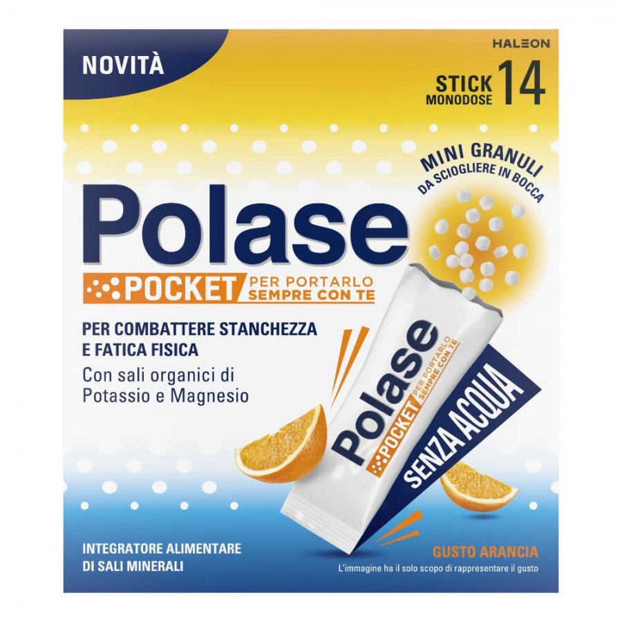 Polase Pocket 14 Stick Monodose - Integratore di Potassio e Magnesio, Gusto Arancia