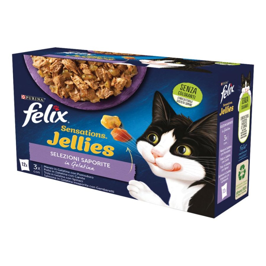 NESTLE' PURINA FELIX GATTO SENSATIONS JELLIES SELEZIONI MANZO/POLLO/TROTA/SALMONE 12x100GR (bustina) MULTIPACK