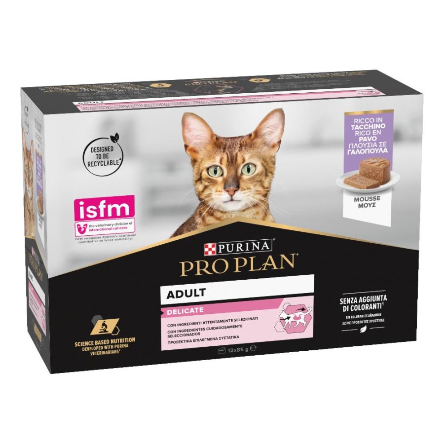 NESTLE' PURINA PRO PLAN GATTO DELICATE MOUSSE ADULT TACCHINO 12x85GR (lattina) MULTIPACK
