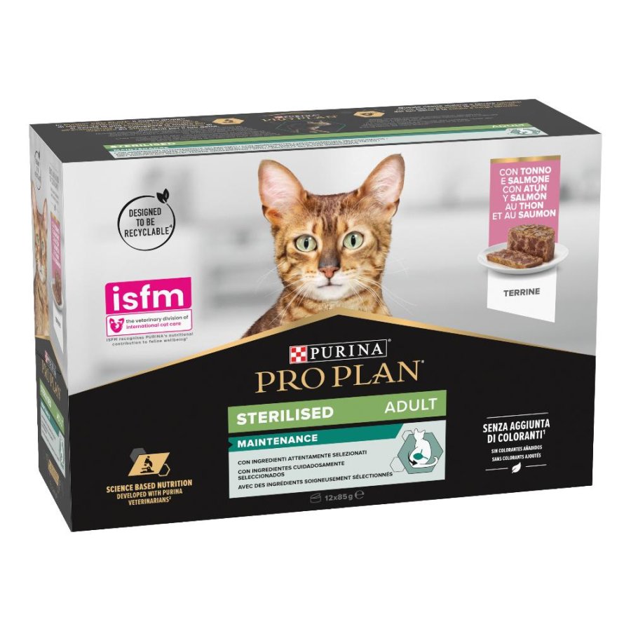 NESTLE' PURINA PRO PLAN GATTO STERILISED MAINTENANCE TONNO/SALMONE 12x85GR (lattina) MULTIPACK