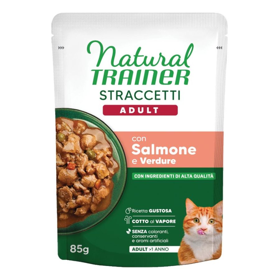 TRAINER NATURAL GATTO STRACCETTI SALMONE E VERDURE 85GR (bustina)