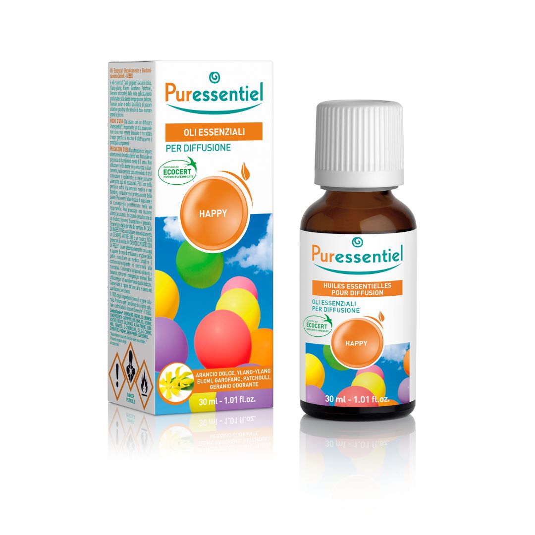 Puressentiel Miscela Happy Eco Oli Essenziali per Diffusione, 30ML, Oli Essenziali Antigrigio, Aromaterapia Naturale