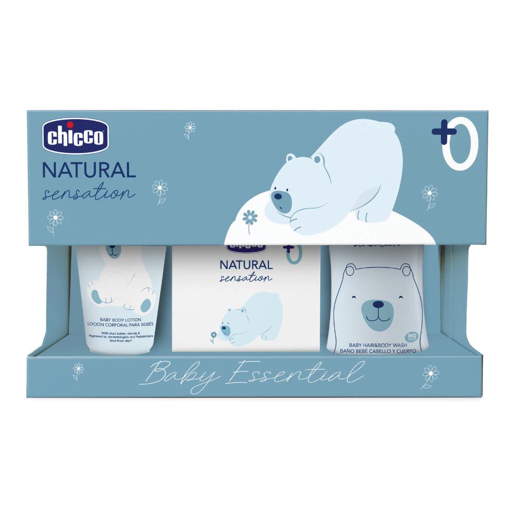 Chicco Natural Sensation Baby Essential Set Bagno, Detergente Corpo&Capelli 200 ml, Crema Corpo 150 ml, Acqua Profumata 100 ml